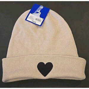 Joy Lab Cream With Black Heart Folded Beanie NWT (D48)